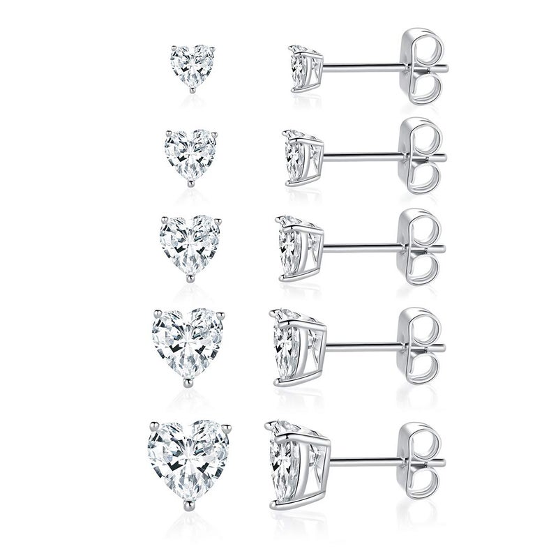 MDFUN 18K White Gold Plated Heart Shape Cut Cubic Zirconia Birthstone Stud Earring Pack of 5 Pairs (4-April-Diamond) - Image 1